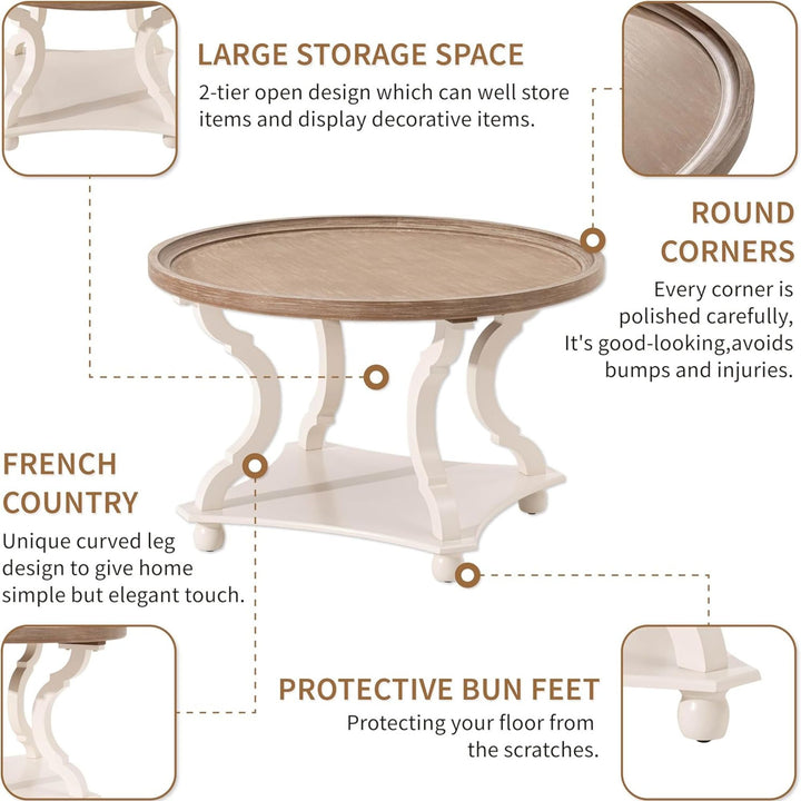 COZAYH Round Rustic Coffee Table Wood Tray Top Accent Storage, White (Open Box)