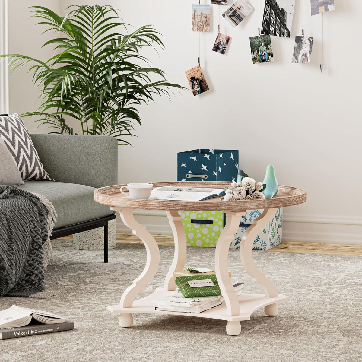 COZAYH Round Rustic Coffee Table Wood Tray Top Accent Storage, White (Open Box)