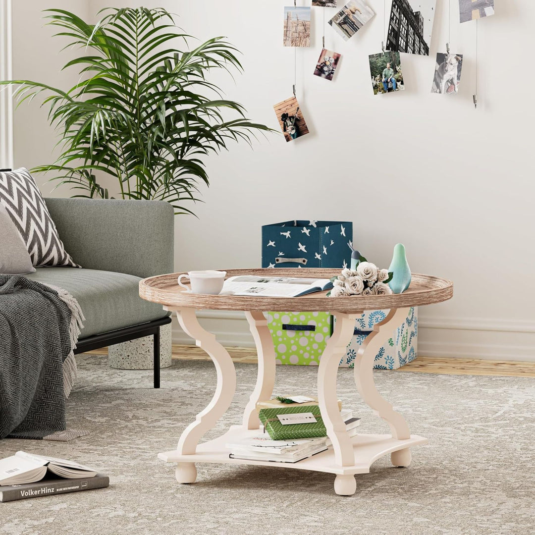 COZAYH Round Rustic Coffee Table Wood Tray Top Accent Storage, White (Open Box)