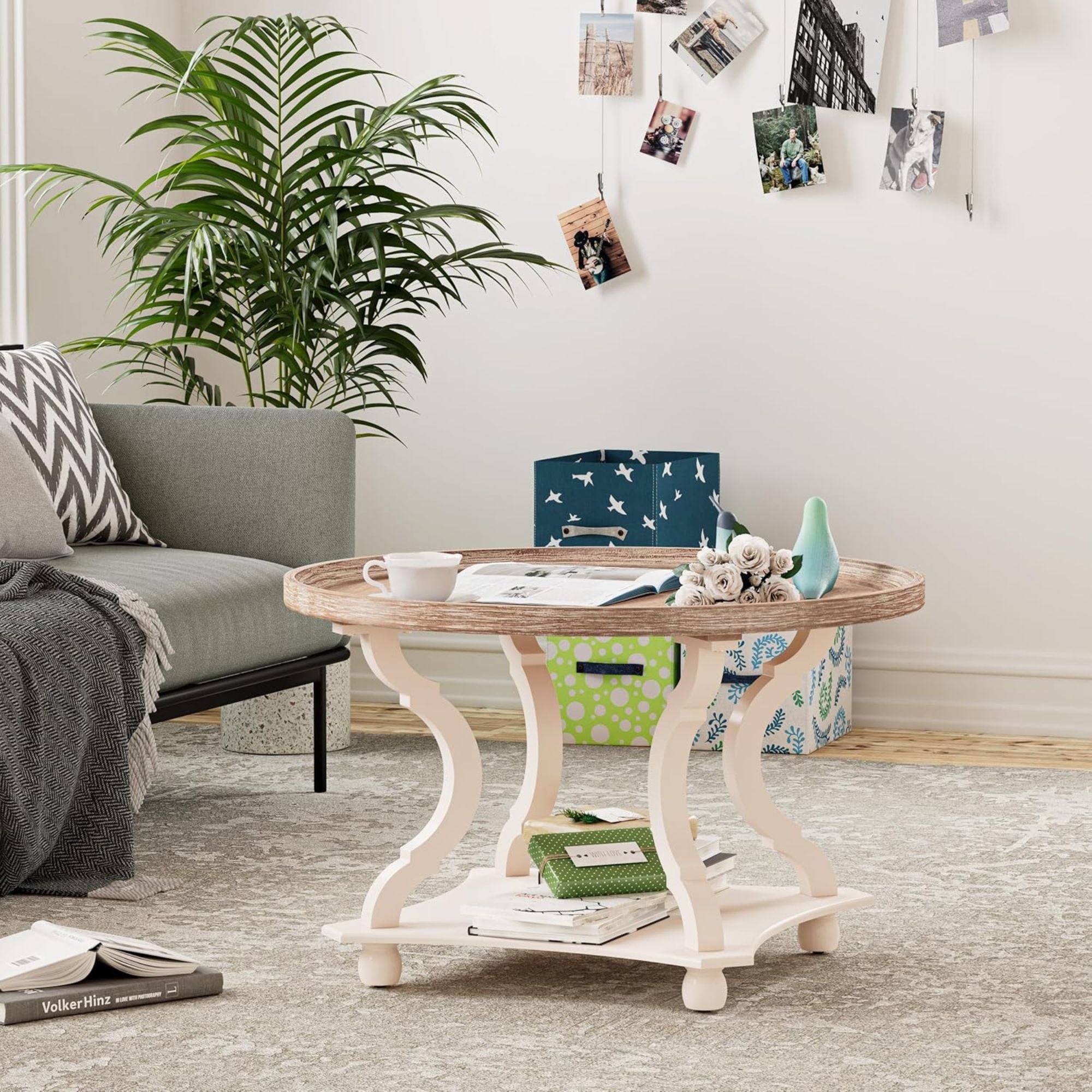 COZAYH Round Rustic Coffee Table Wood Tray Top Accent Storage, White (Open Box)