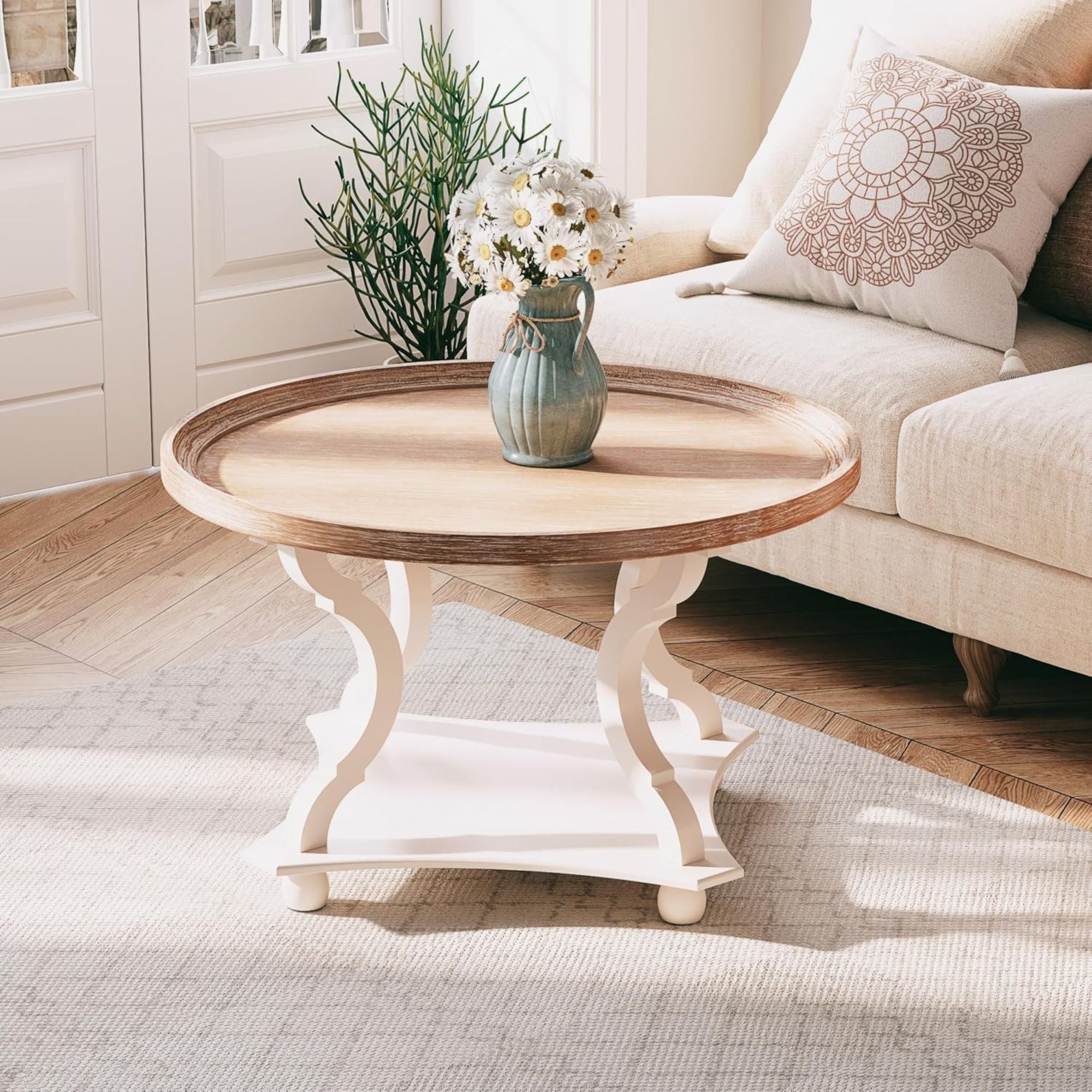 COZAYH Round Rustic Coffee Table Wood Tray Top Accent Storage, White (Open Box) - VMInnovations