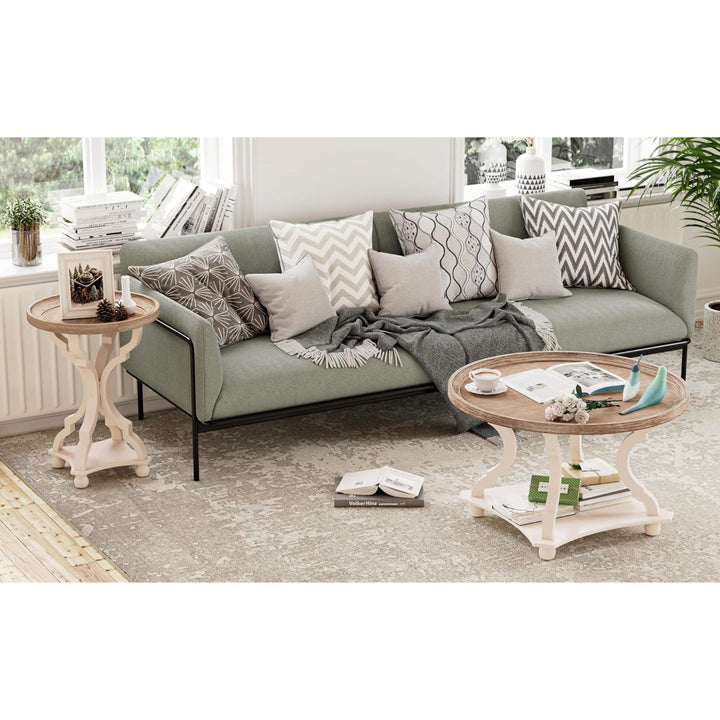 COZAYH Round Rustic Coffee Table Wood Tray Top Accent Storage, White (Open Box)