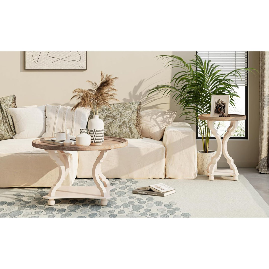 COZAYH Round Rustic Coffee Table Wood Tray Top Accent Storage, White (Open Box)