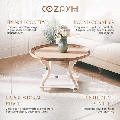 COZAYH Round Rustic Coffee Table Wood Tray Top Accent Storage, White (Open Box)