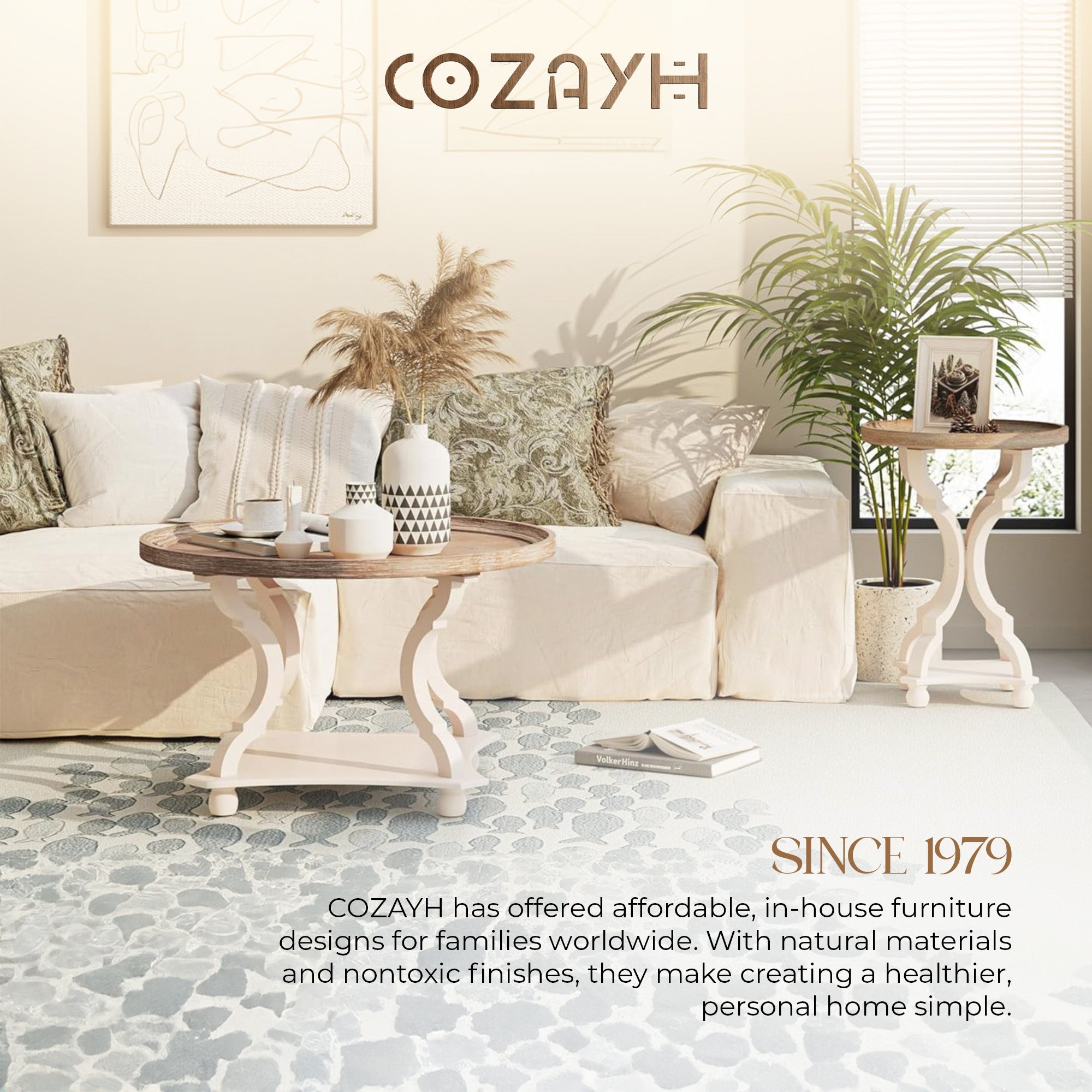 COZAYH Round Rustic Coffee Table Wood Tray Top Accent Centerpiece Storage, White - VMInnovations