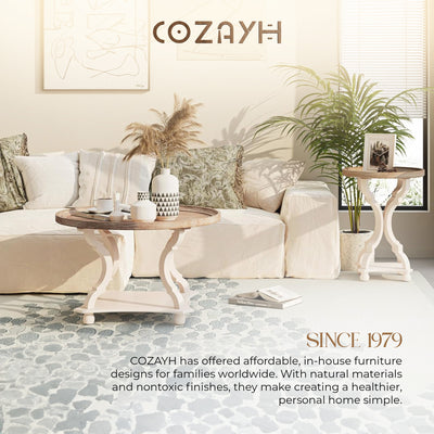 COZAYH Round Rustic Coffee Table Wood Tray Top Accent Storage, White (Open Box)