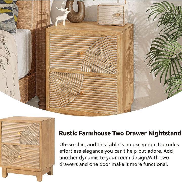COZAYH Farmhouse 2Drawer Nightstand with Handcrafted Wood Ring Pattern(Open Box)