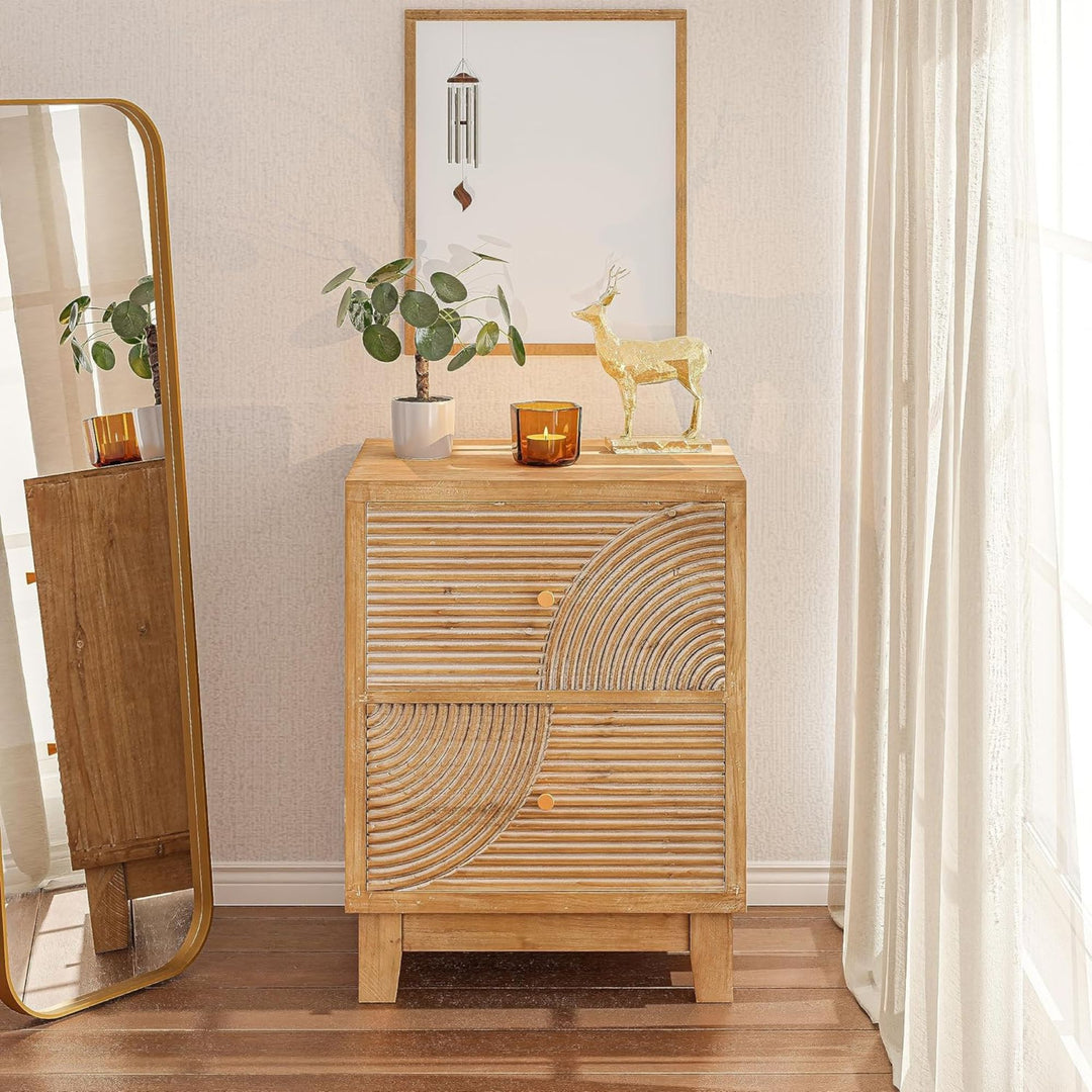 COZAYH Farmhouse 2Drawer Nightstand with Handcrafted Wood Ring Pattern(Open Box)