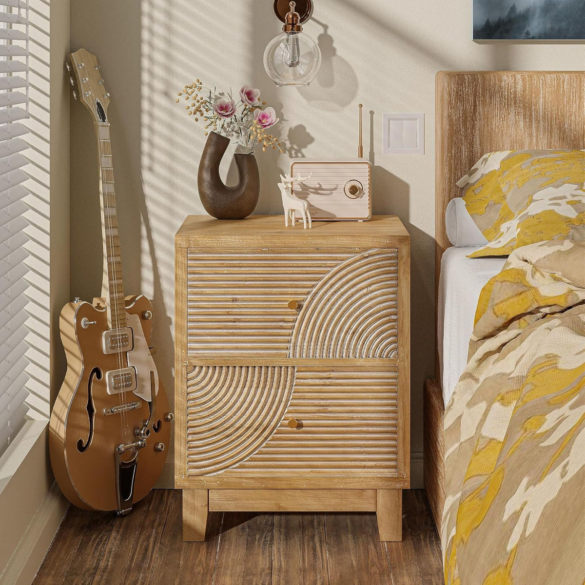 COZAYH Farmhouse 2Drawer Nightstand with Handcrafted Wood Ring Pattern(Open Box) - VMInnovations