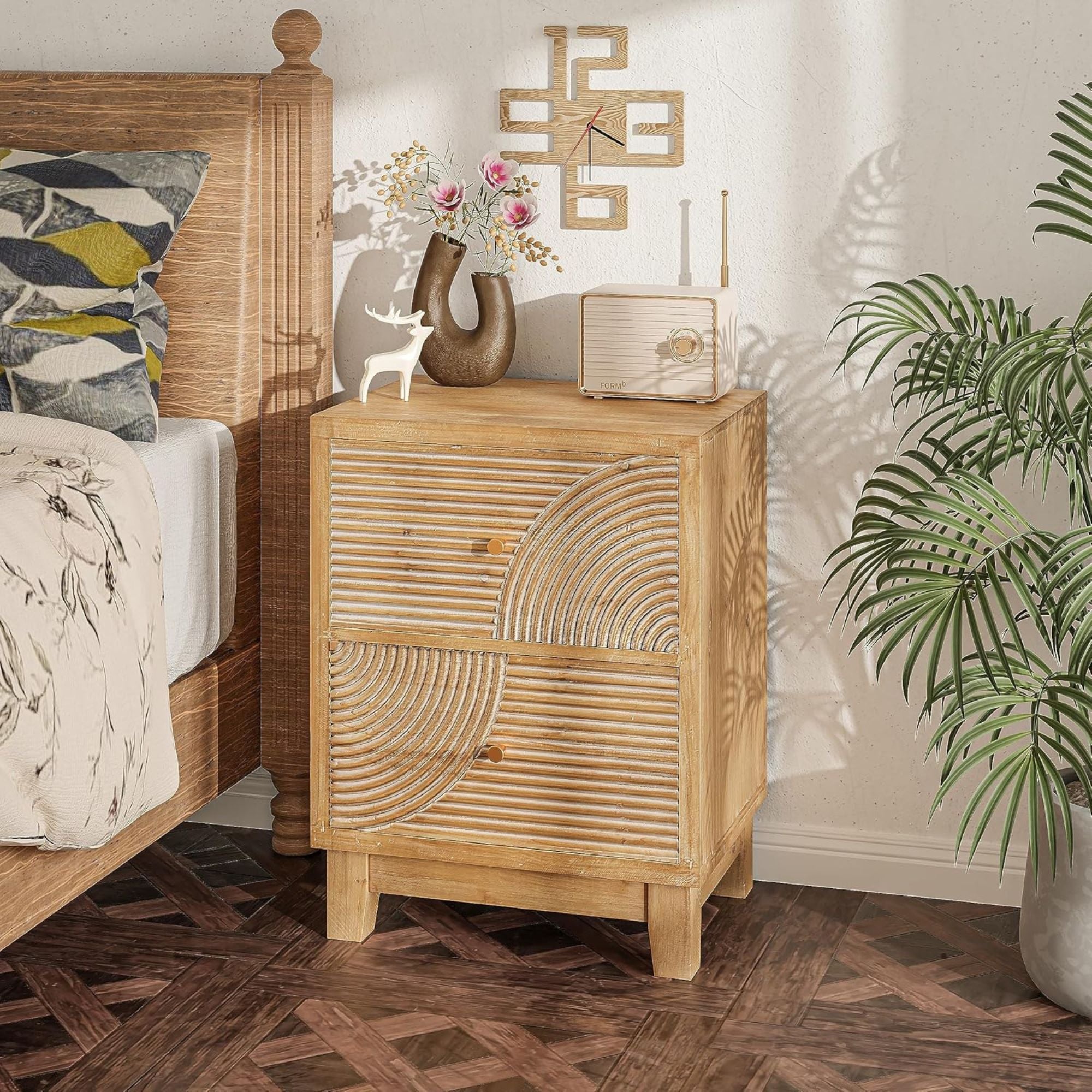 COZAYH Farmhouse 2 Drawer Nightstand with Handcrafted Wood Ring Pattern, Natural - VMInnovations