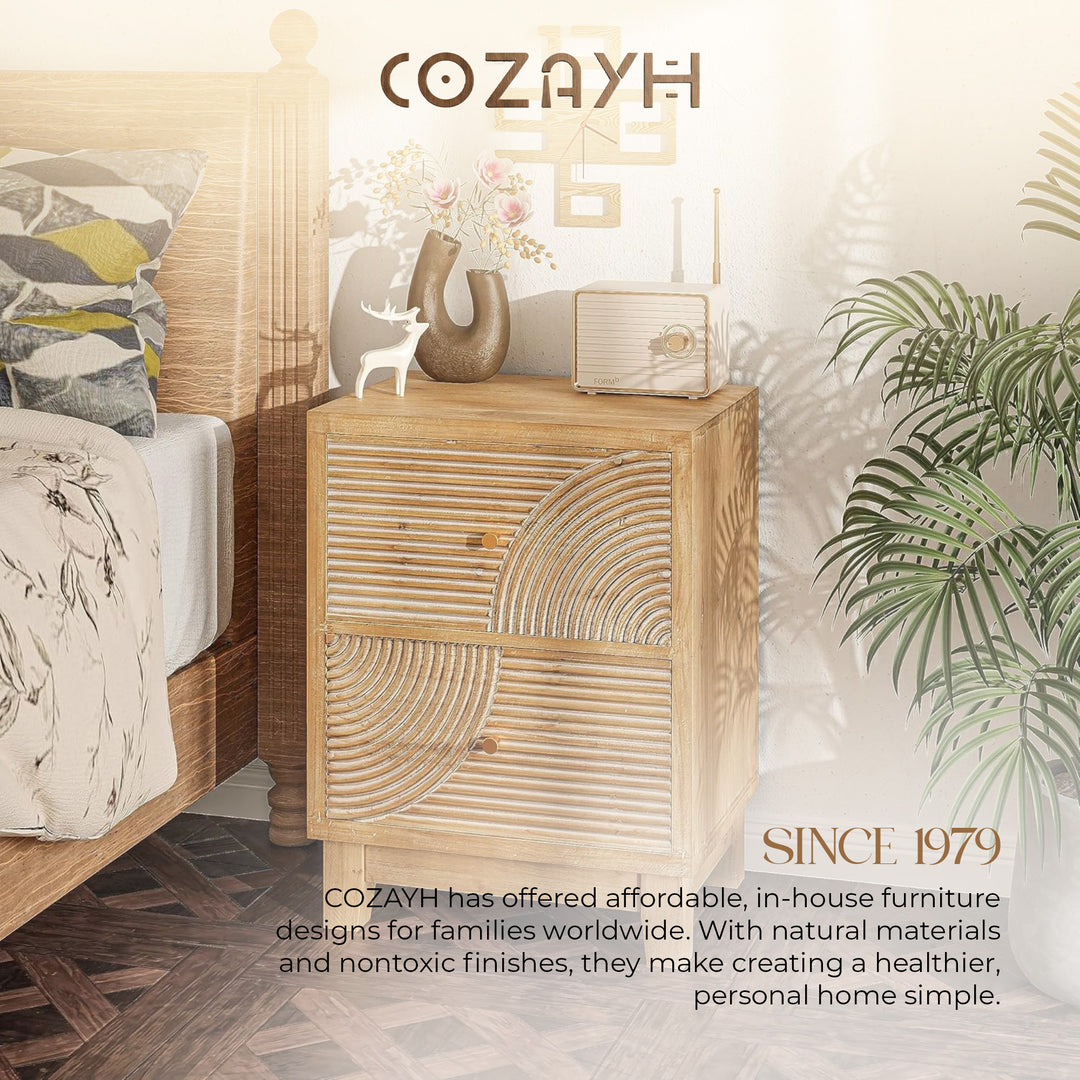COZAYH Farmhouse 2 Drawer Nightstand with Handcrafted Wood Ring Pattern, Natural