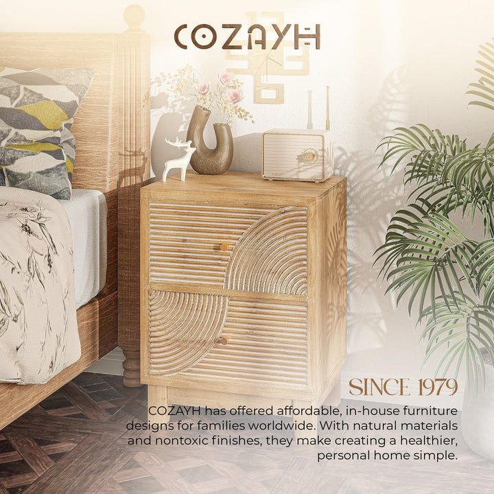 COZAYH Farmhouse 2 Drawer Nightstand with Handcrafted Wood Ring Pattern, Natural