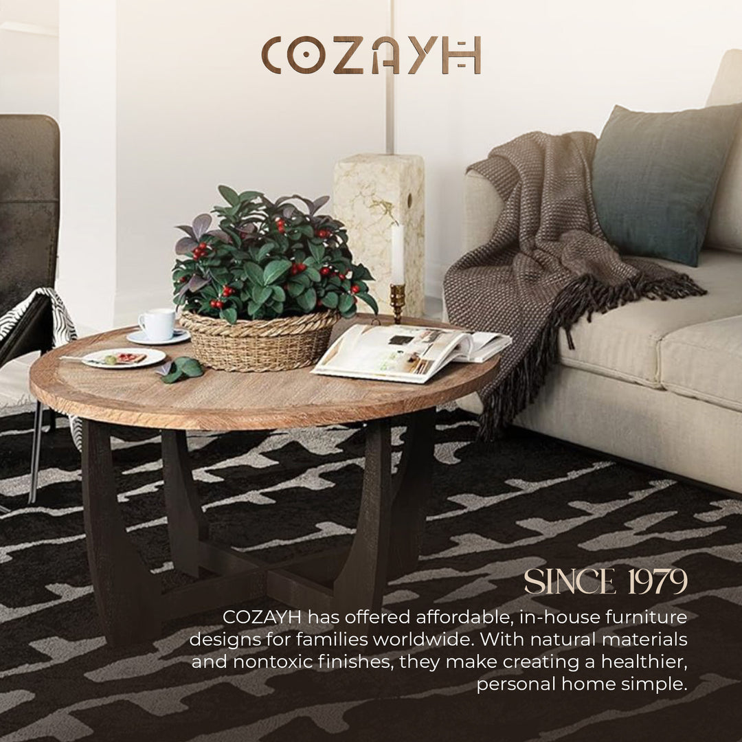 COZAYH Rustic Farmhouse Round Coffee Table with Crisscross Base for Living Room