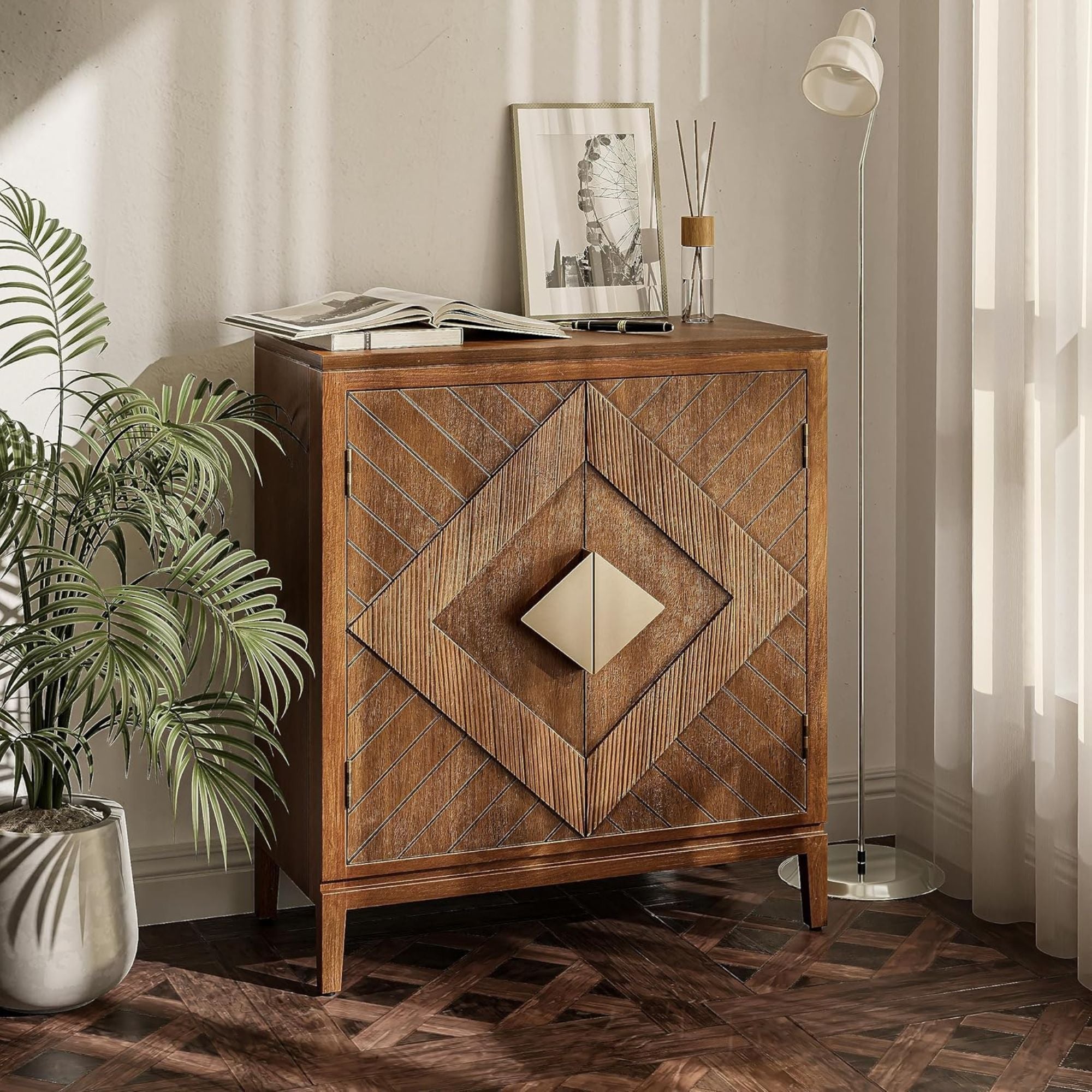 COZAYH Storage Cabinet Modern Wood Sideboard Buffet Geometric Doors, Set of 2