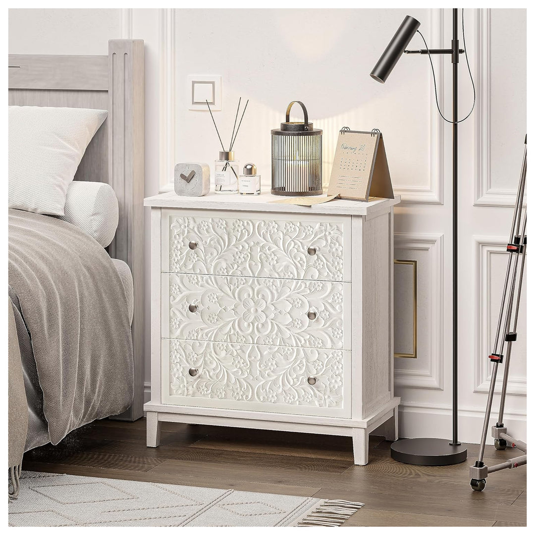 COZAYH 3-Drawer Flower Motif Dresser for Home & Bedroom, Fully Assembled, White