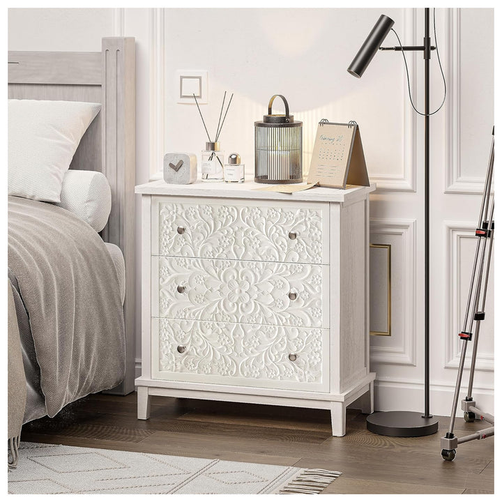 COZAYH 3-Drawer Flower Motif Dresser for Home & Bedroom, Fully Assembled, White