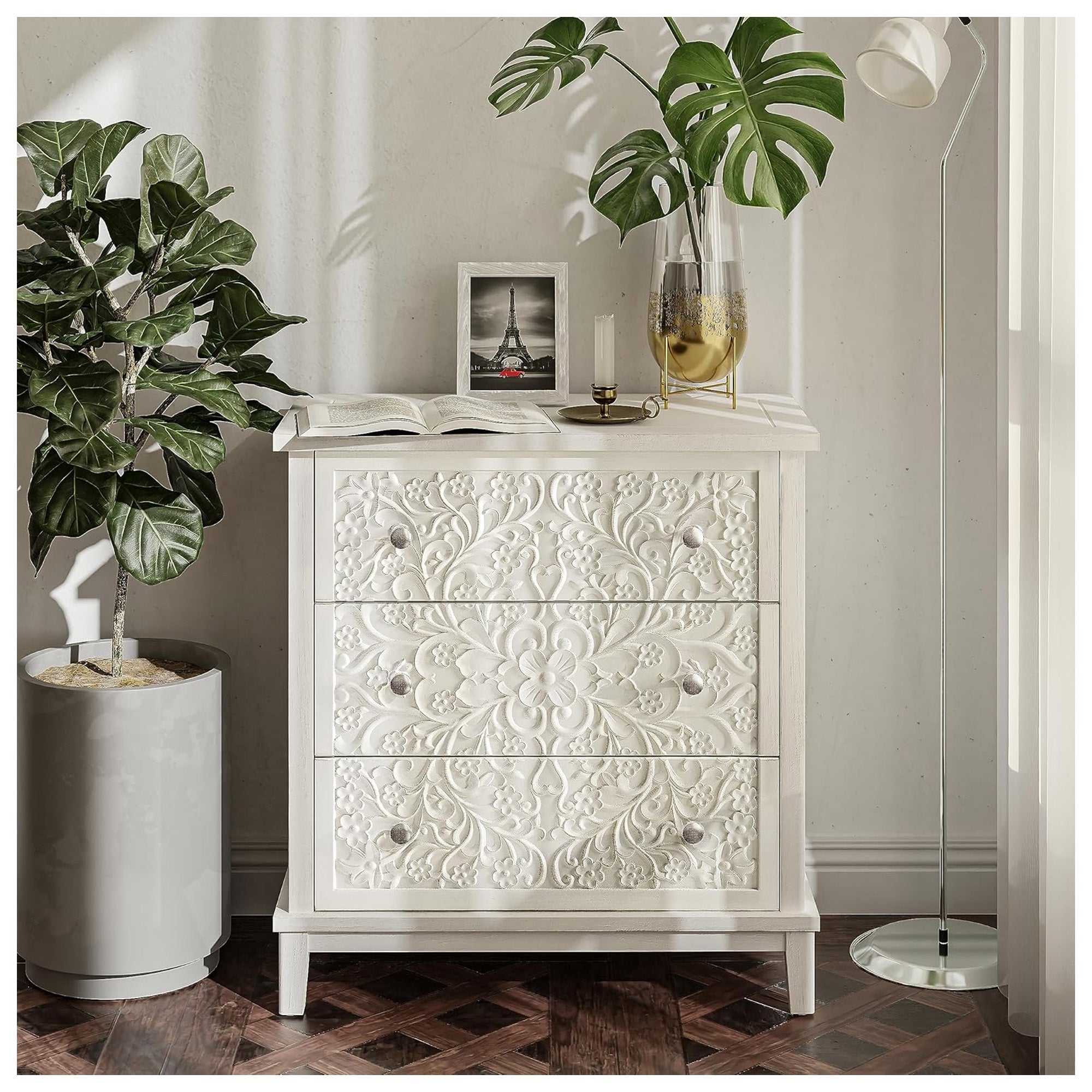 COZAYH 3-Drawer Flower Motif Dresser for Home & Bedroom, (For Parts)