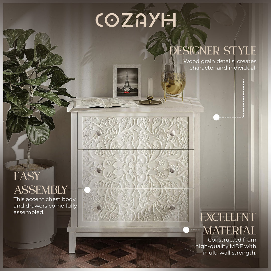 COZAYH 3-Drawer Flower Motif Dresser for Home & Bedroom, Fully Assembled, White