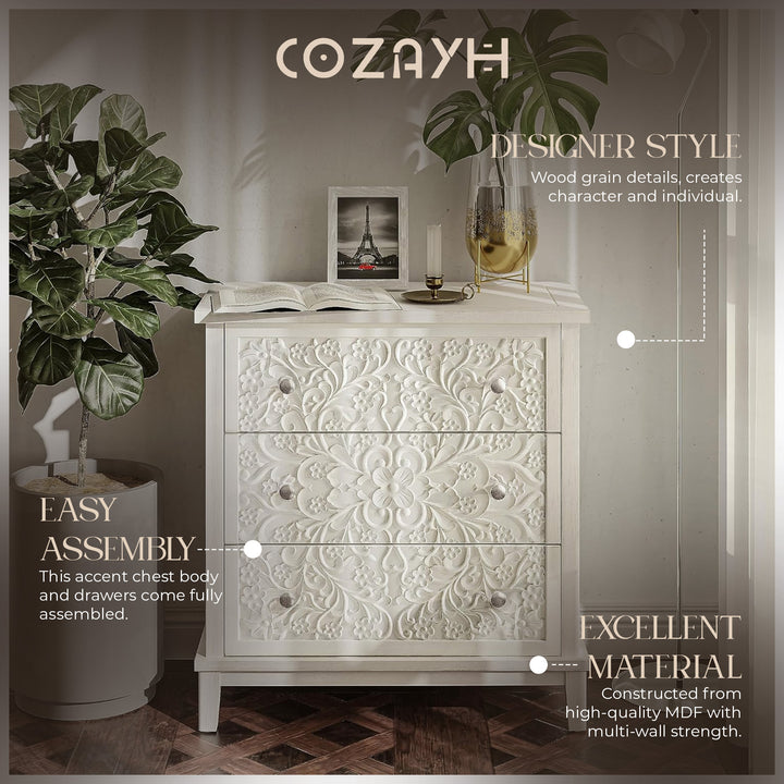 COZAYH 3-Drawer Flower Motif Dresser for Home & Bedroom, Fully Assembled (Used)