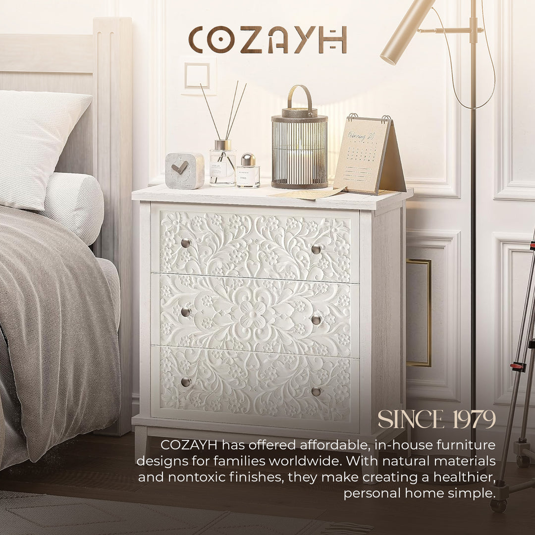 COZAYH 3-Drawer Flower Motif Dresser for Home & Bedroom, Fully Assembled, White