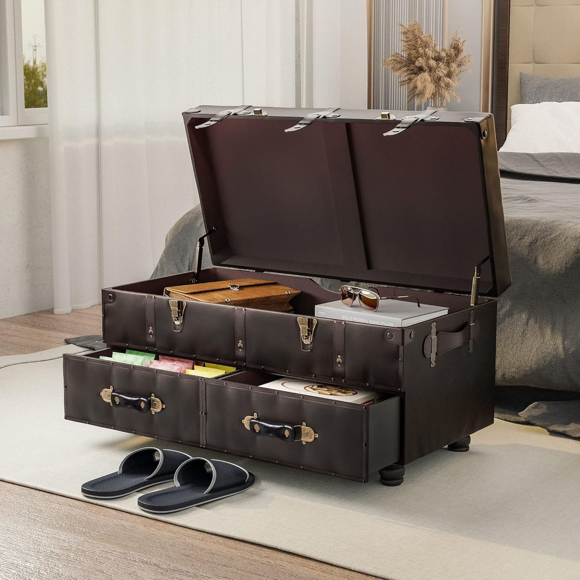 COZAYH Storage Bench, Upholstered Wooden Ottoman Chest Box, Brown (Open Box) - VMInnovations