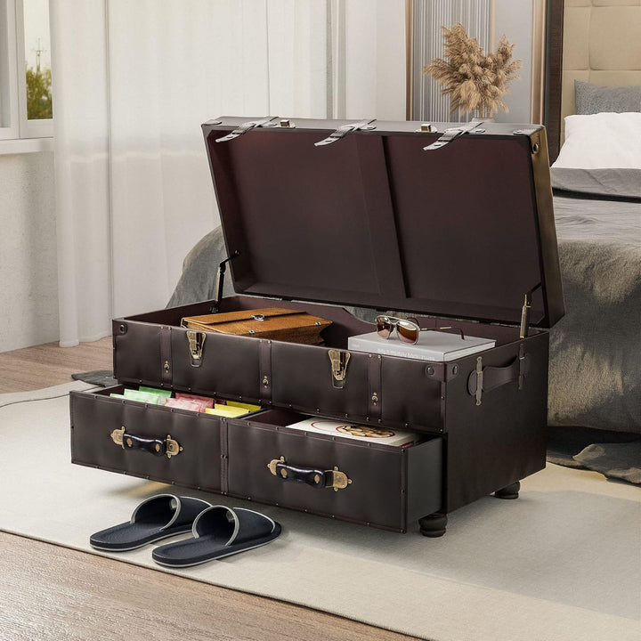 COZAYH Vintage Storage Bench, Upholstered Wooden Ottoman Chest Box, Black Brown - VMInnovations