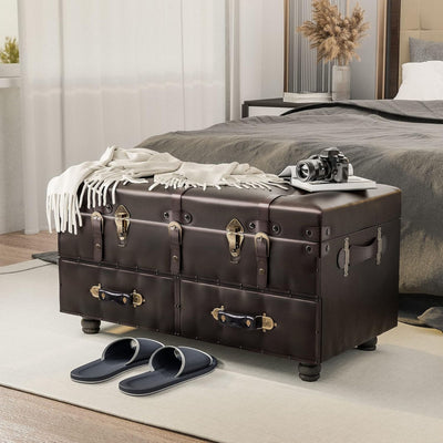COZAYH Vintage Storage Bench, Upholstered Wooden Ottoman Chest Box, Black Brown