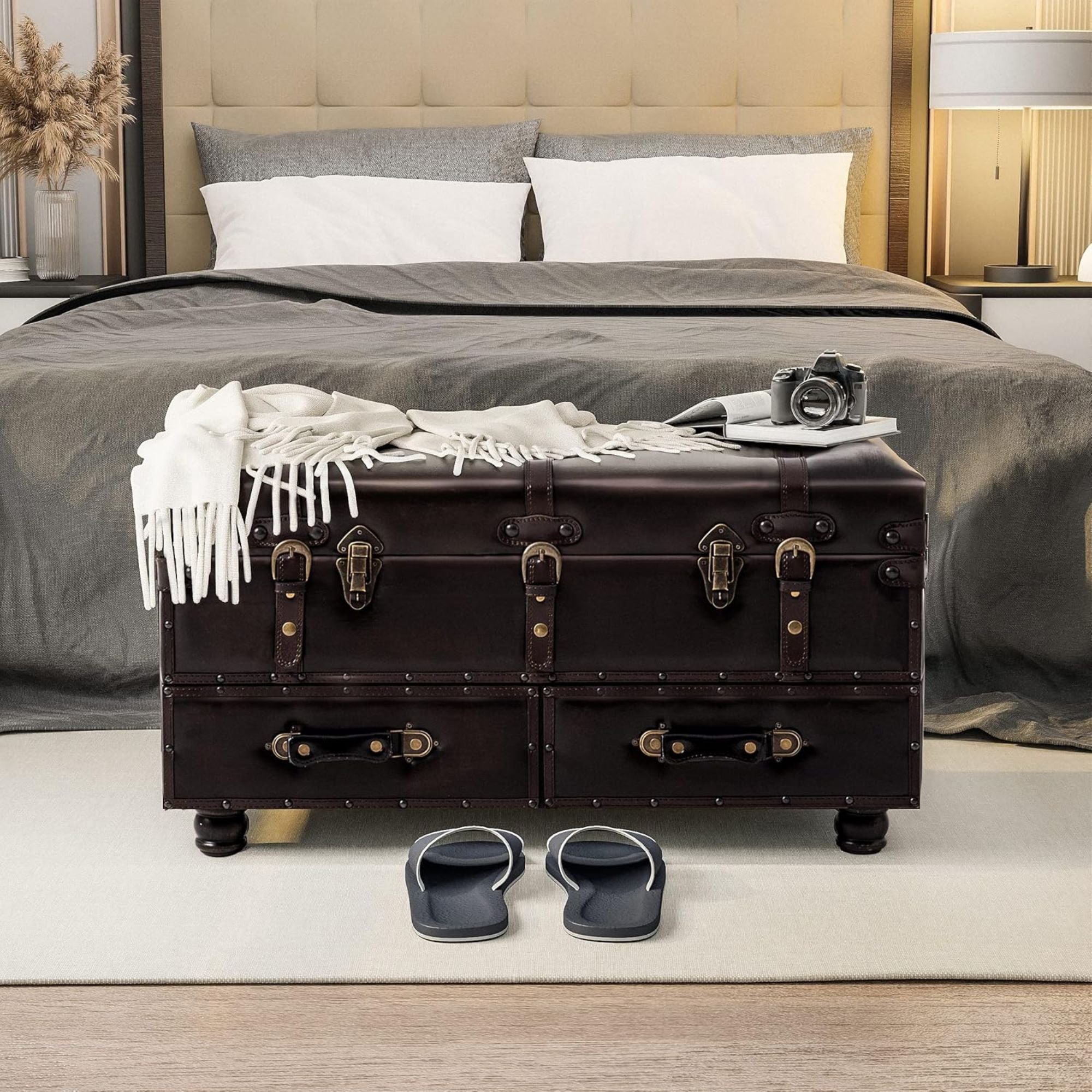 COZAYH Vintage Storage Bench, Upholstered Wooden Ottoman Chest Box, Black Brown