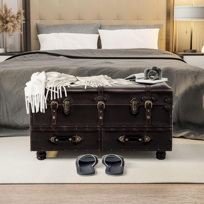 COZAYH Vintage Storage Bench, Upholstered Wooden Ottoman Chest Box, Black Brown