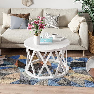 COZAYH Rustic Farmhouse Round Coffee Table, X-Motifs Legs & Wooden Top, Set of 2