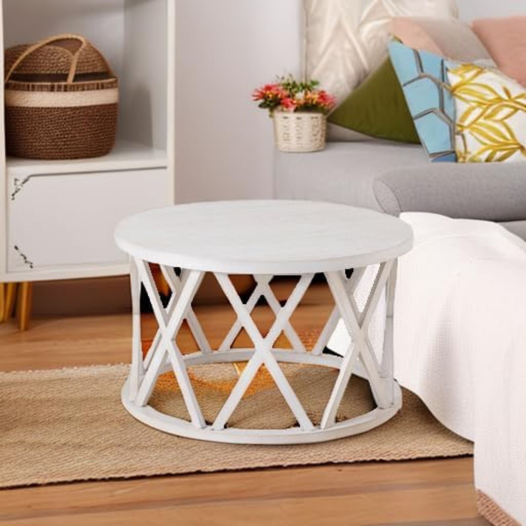 COZAYH Rustic Farmhouse Round Coffee Table, X-Motifs Legs & Wooden Top, Set of 2