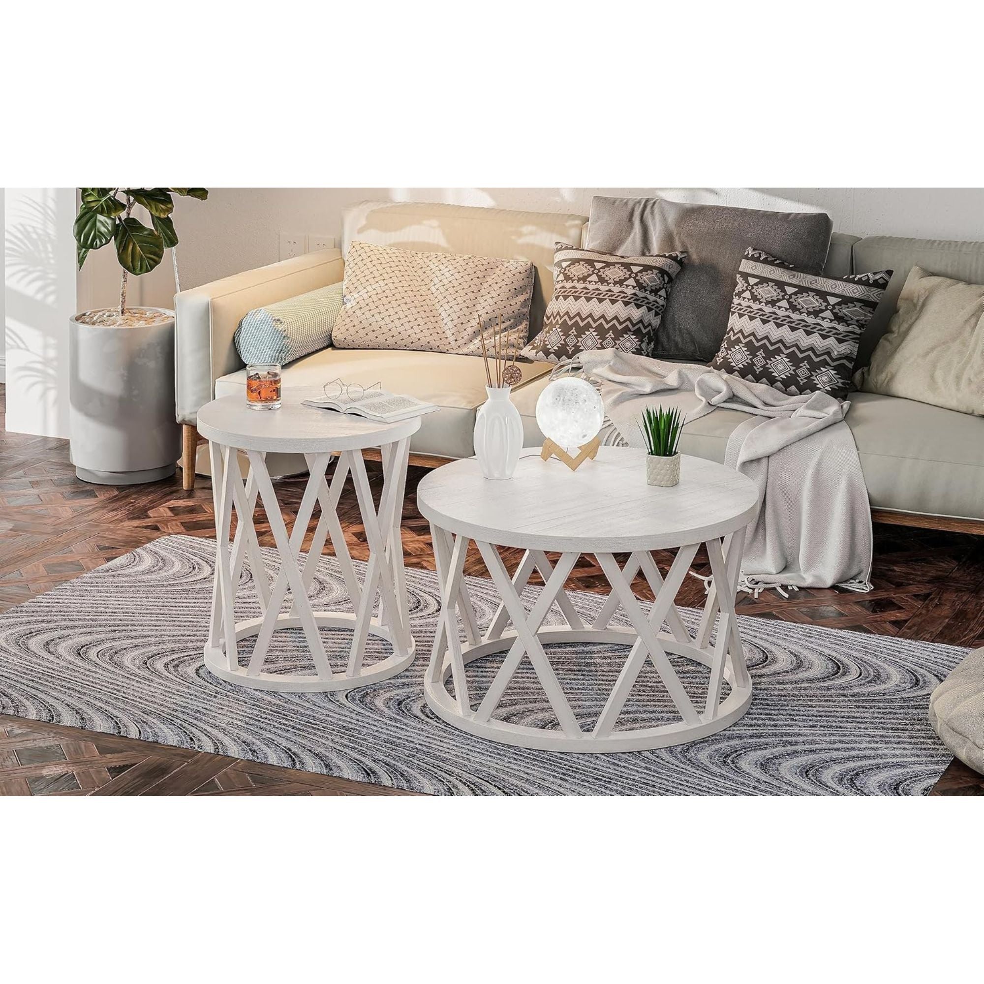 COZAYH Rustic Farmhouse Round Coffee Table, X-Motifs Legs & Wooden Top, Set of 2