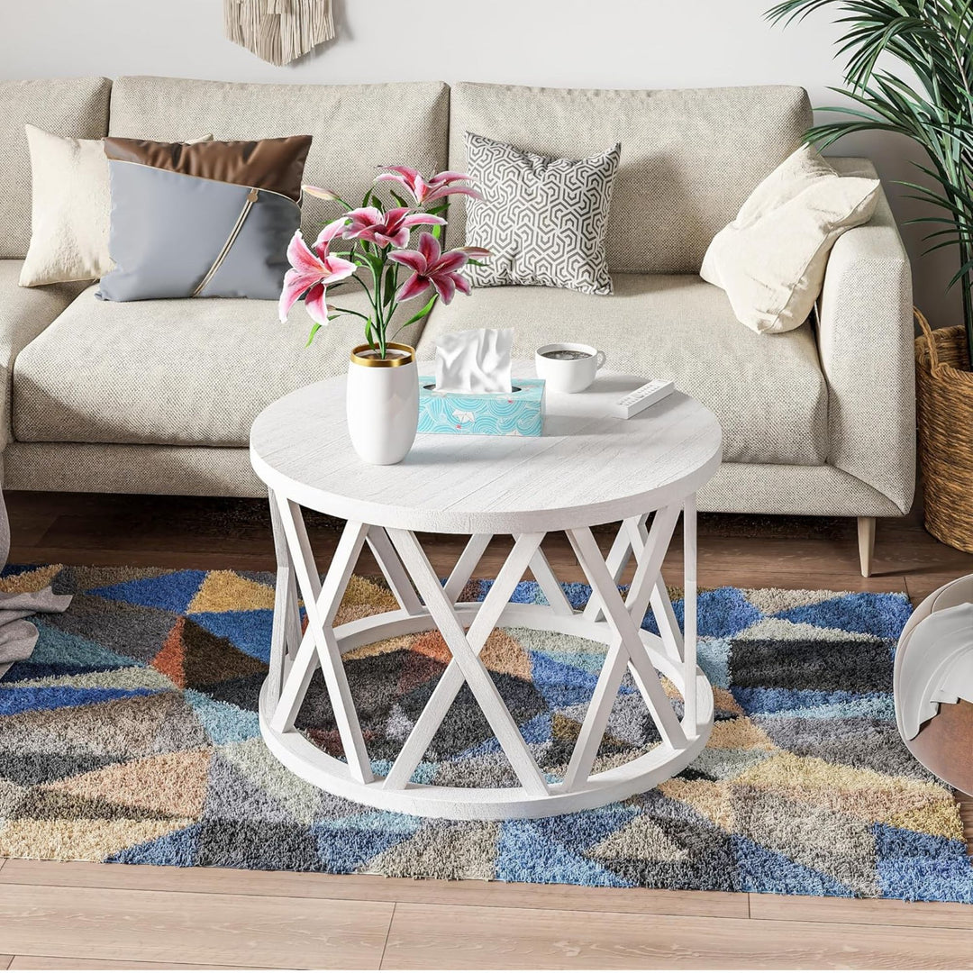 COZAYH Rustic Farmhouse Round Coffee Table, X-Motifs Legs & Wood Textured Top