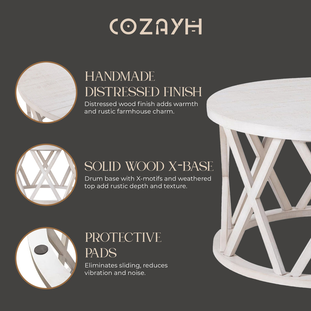 COZAYH Rustic Farmhouse Round Coffee Table, X-Motifs Legs & Wood Textured Top
