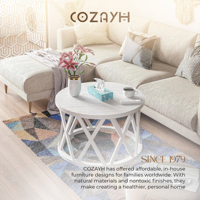 COZAYH Rustic Farmhouse Round Coffee Table, X-Motifs Legs & Wood Textured Top - VMInnovations