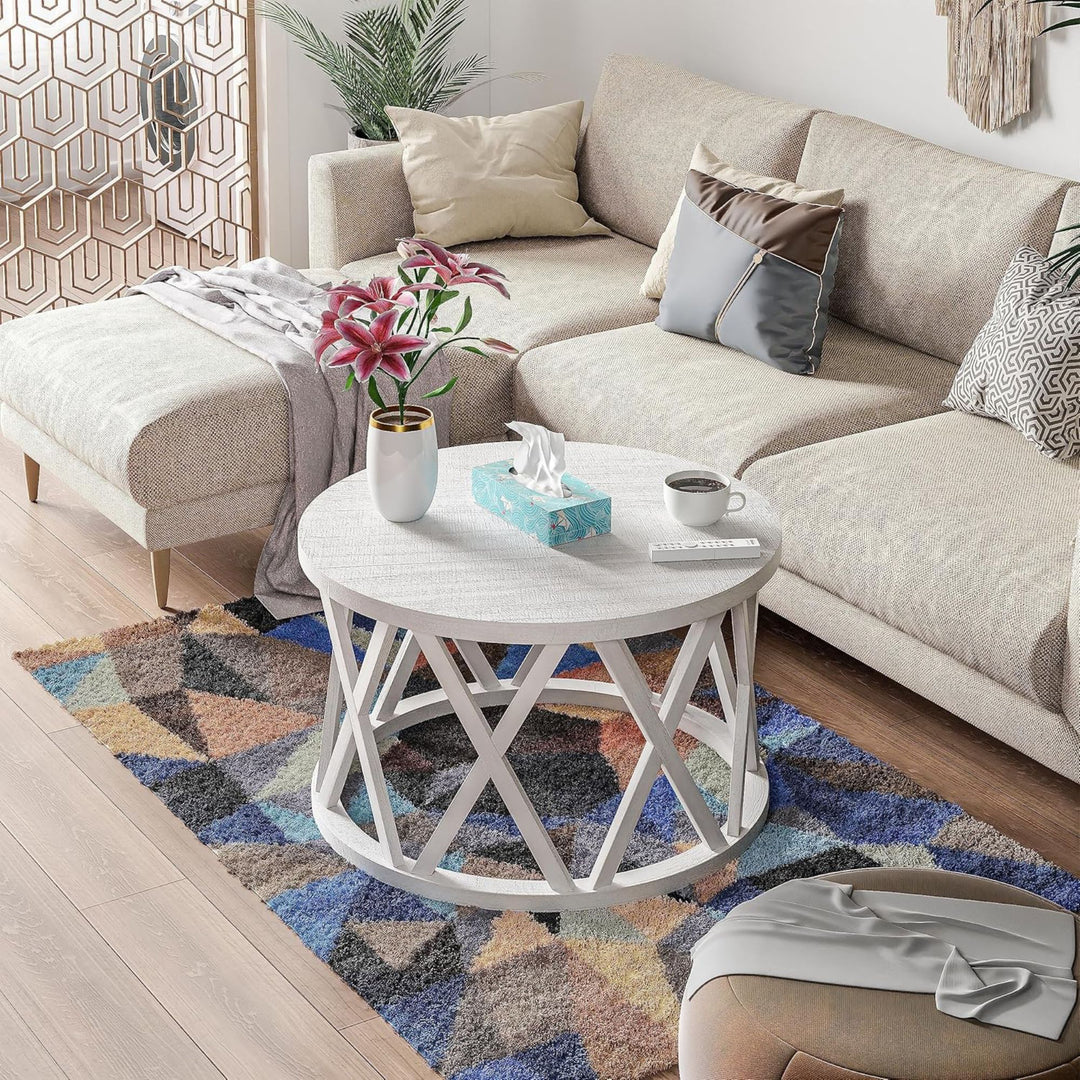 COZAYH Rustic Farmhouse Round Coffee Table, X-Motifs Legs & Wood Textured Top