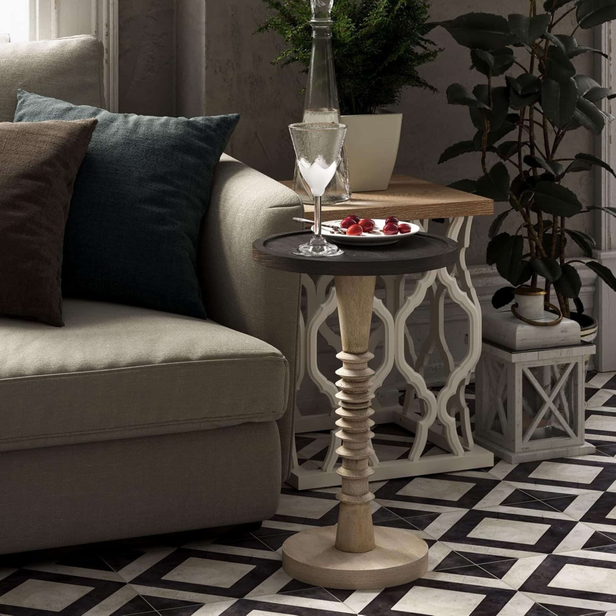 COZAYH Pedestal Tray Top End Table for Drinks, Lamps or Plants, Black, Set of 2
