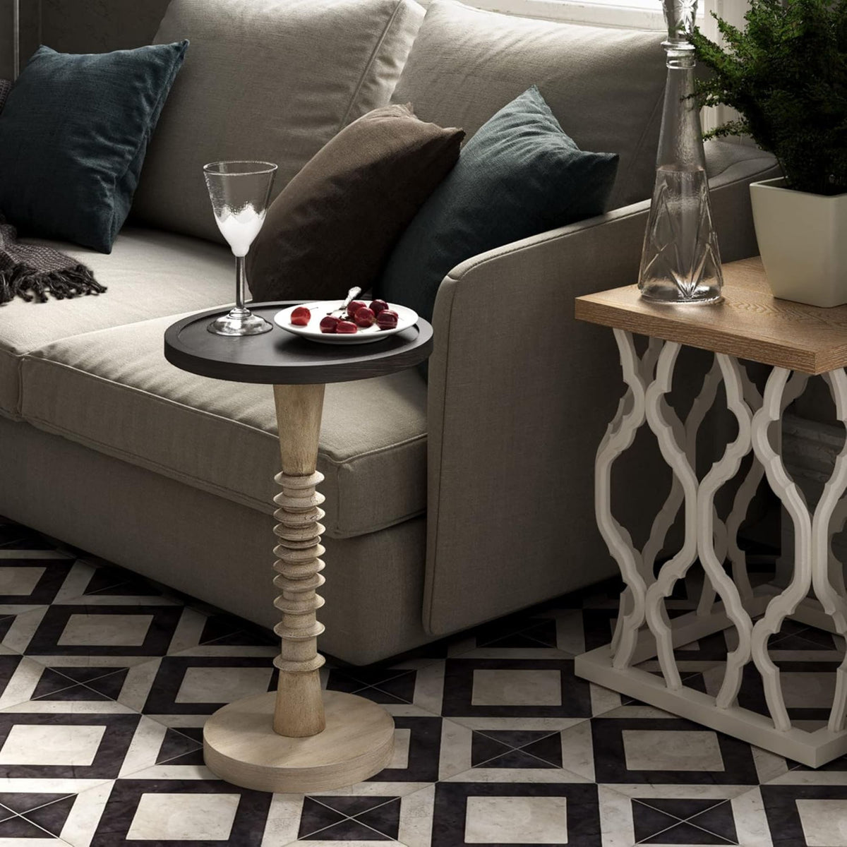 COZAYH Pedestal Tray Top End Table for Drinks, Lamps or Plants, Black, Set of 2