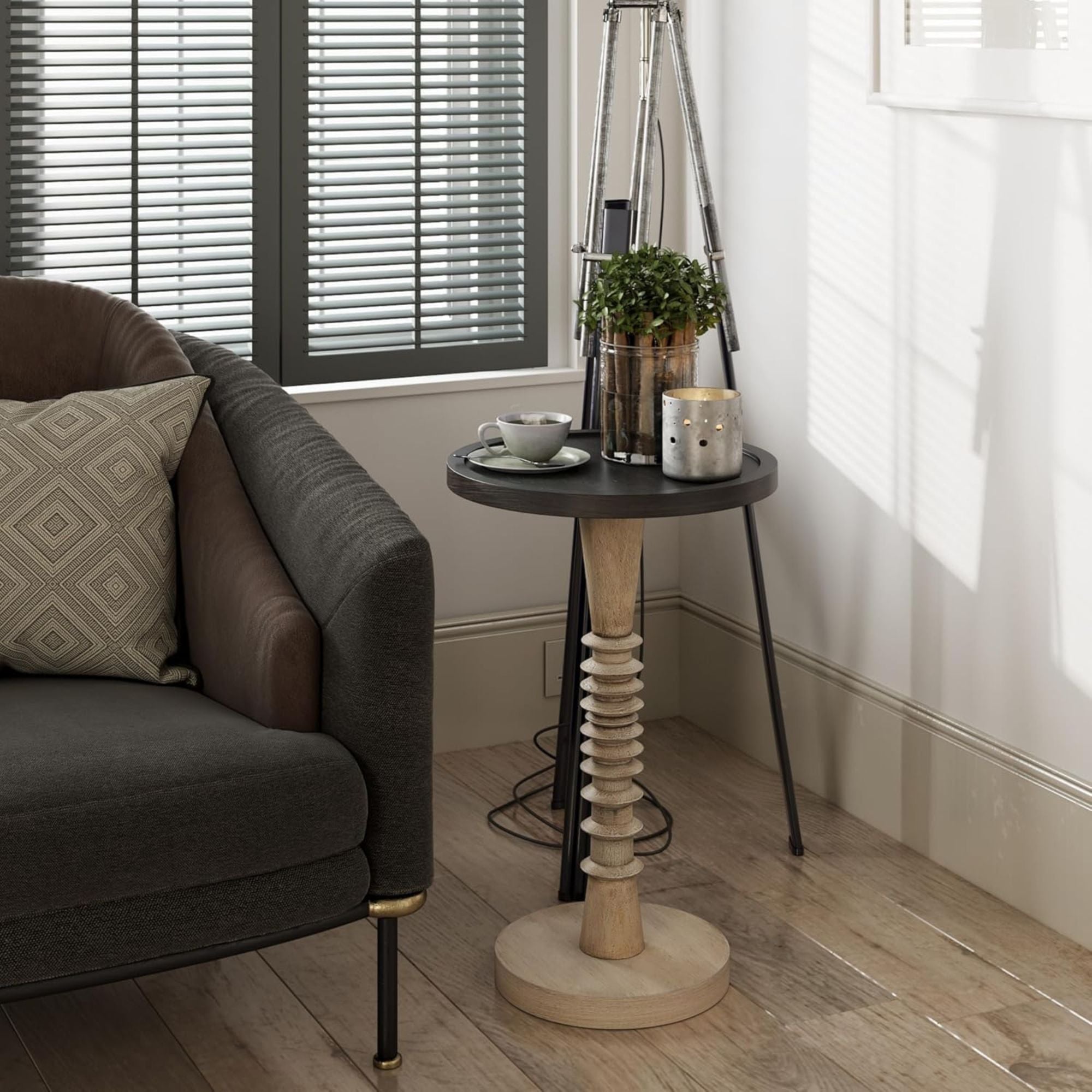 COZAYH Pedestal Tray Top End Table for Drinks, Lamps or Plants, Black, Set of 2