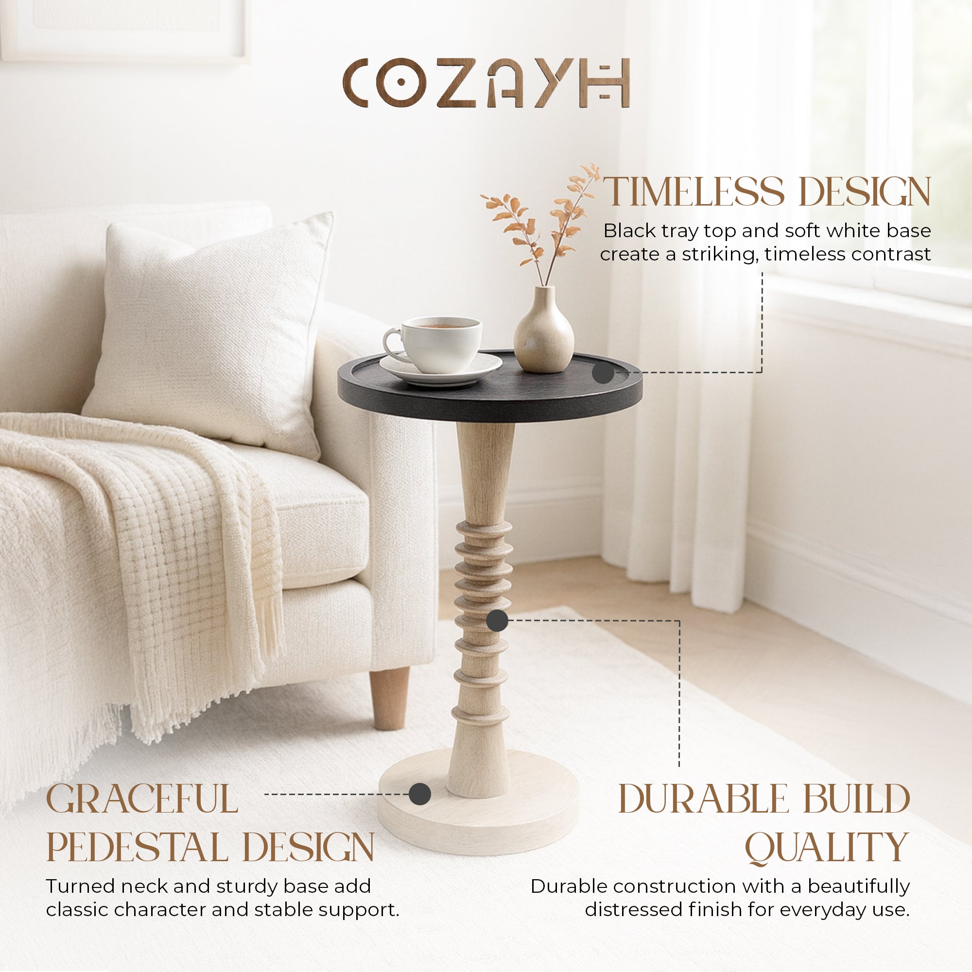 COZAYH Pedestal Tray Top End Table for Drinks, Lamps or Plants, Black, Set of 2