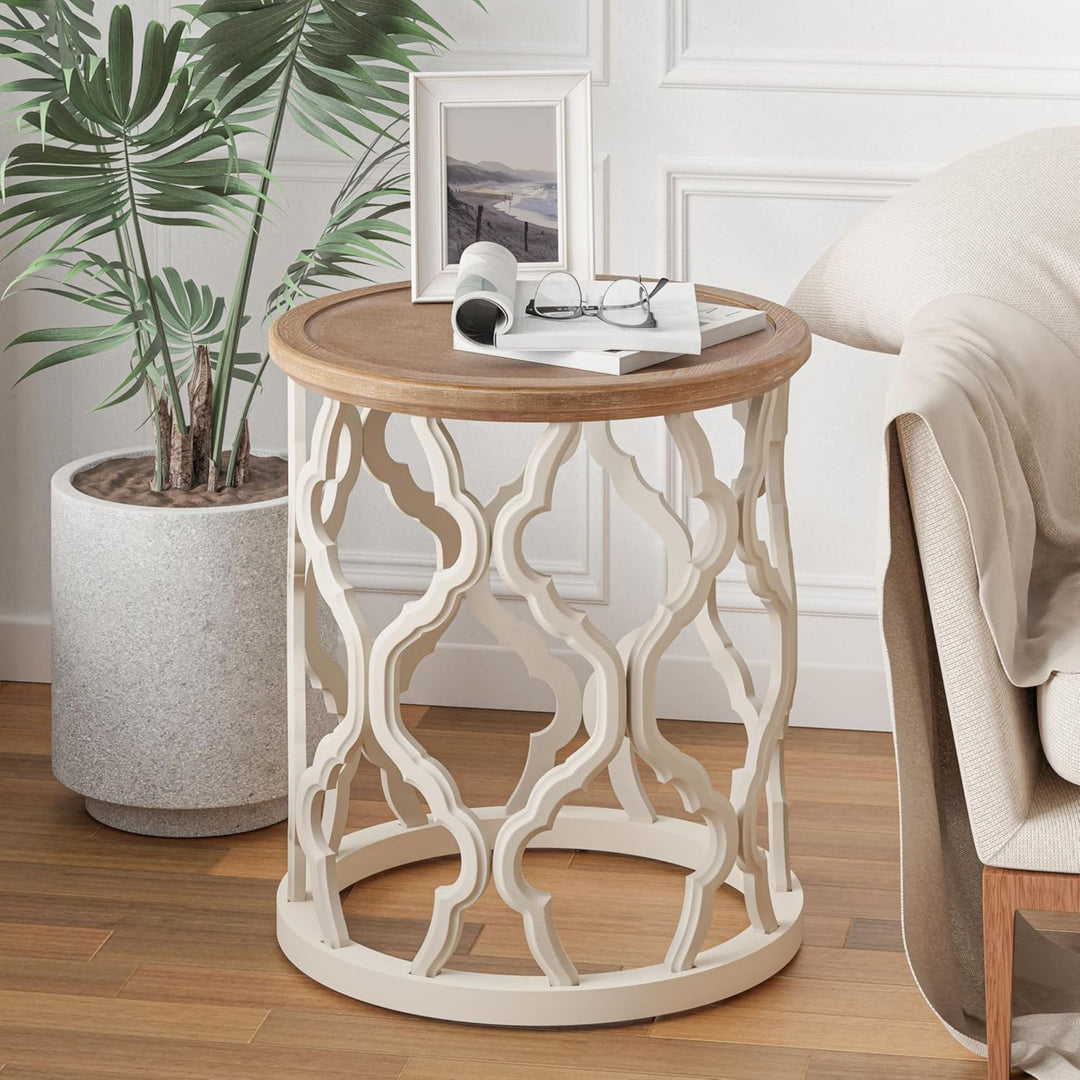 COZAYH Rustic Table Round Accent Side Wood Tray Top Curved Base Furniture, White