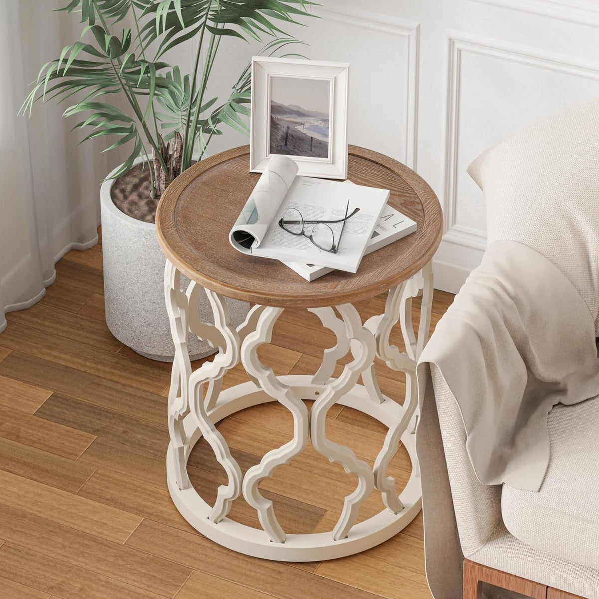 COZAYH Rustic Table Round Accent Wood Tray Top Curved Base Furniture, Set of 2