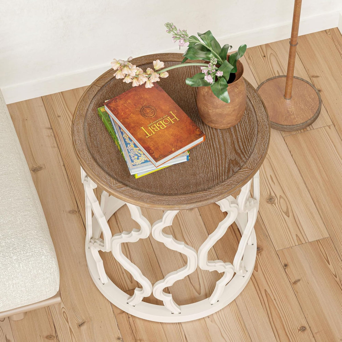 COZAYH Rustic Table Round Accent Wood Tray Top Curved Base Furniture, Set of 2