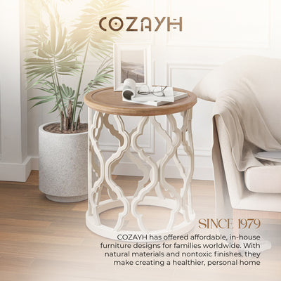 COZAYH Rustic Table Round Accent Wood Tray Top Curved Base Furniture, Set of 2