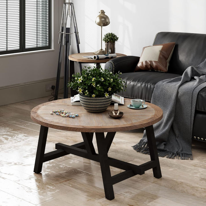 COZAYH Rustic Farmhouse Round Coffee Table with Geometric Base for Living Room