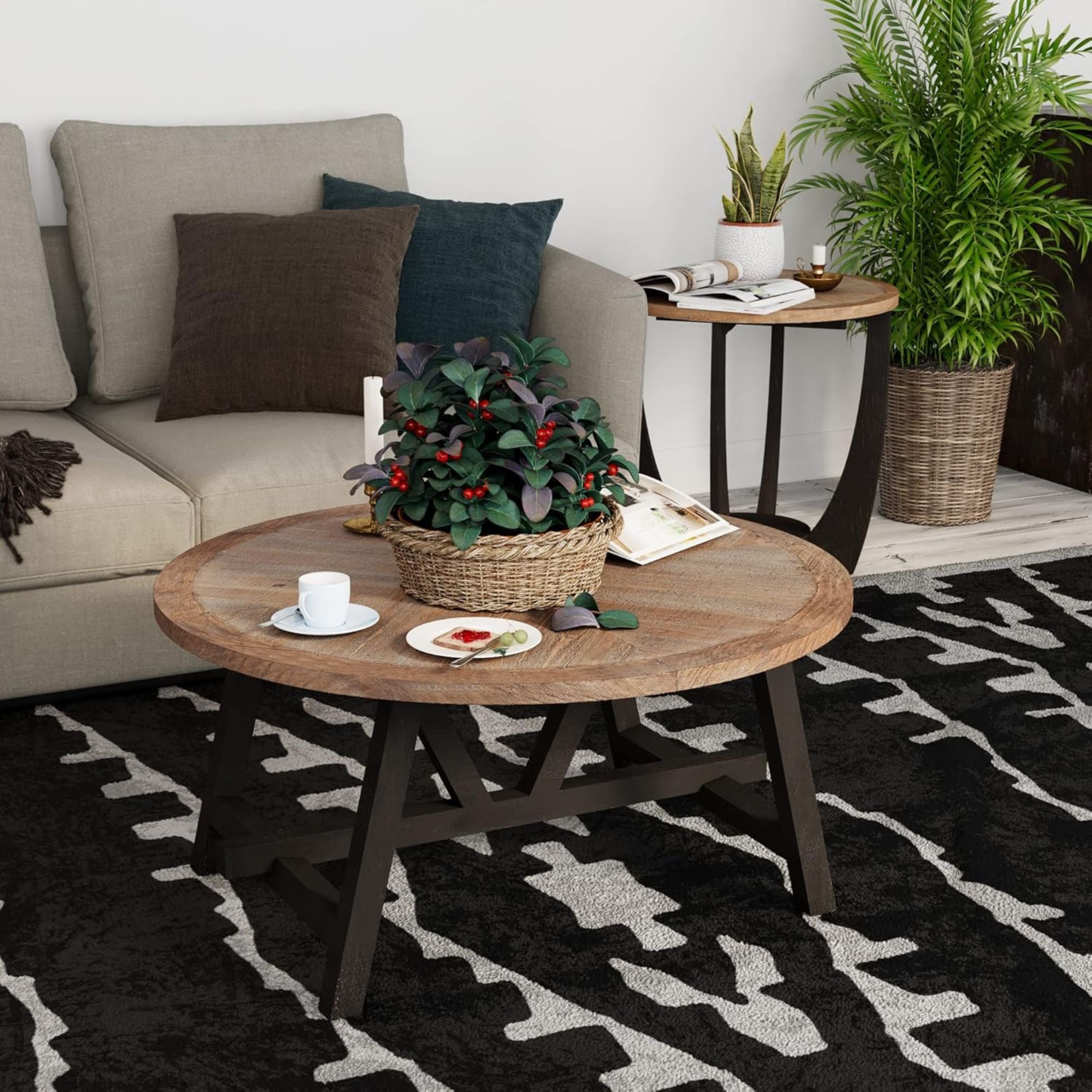 COZAYH Rustic Farmhouse Round Coffee Table with Geometric Base for Living Room - VMInnovations