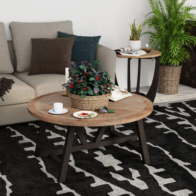 COZAYH Rustic Farmhouse Round Coffee Table with Geometric Base for Living Room - VMInnovations