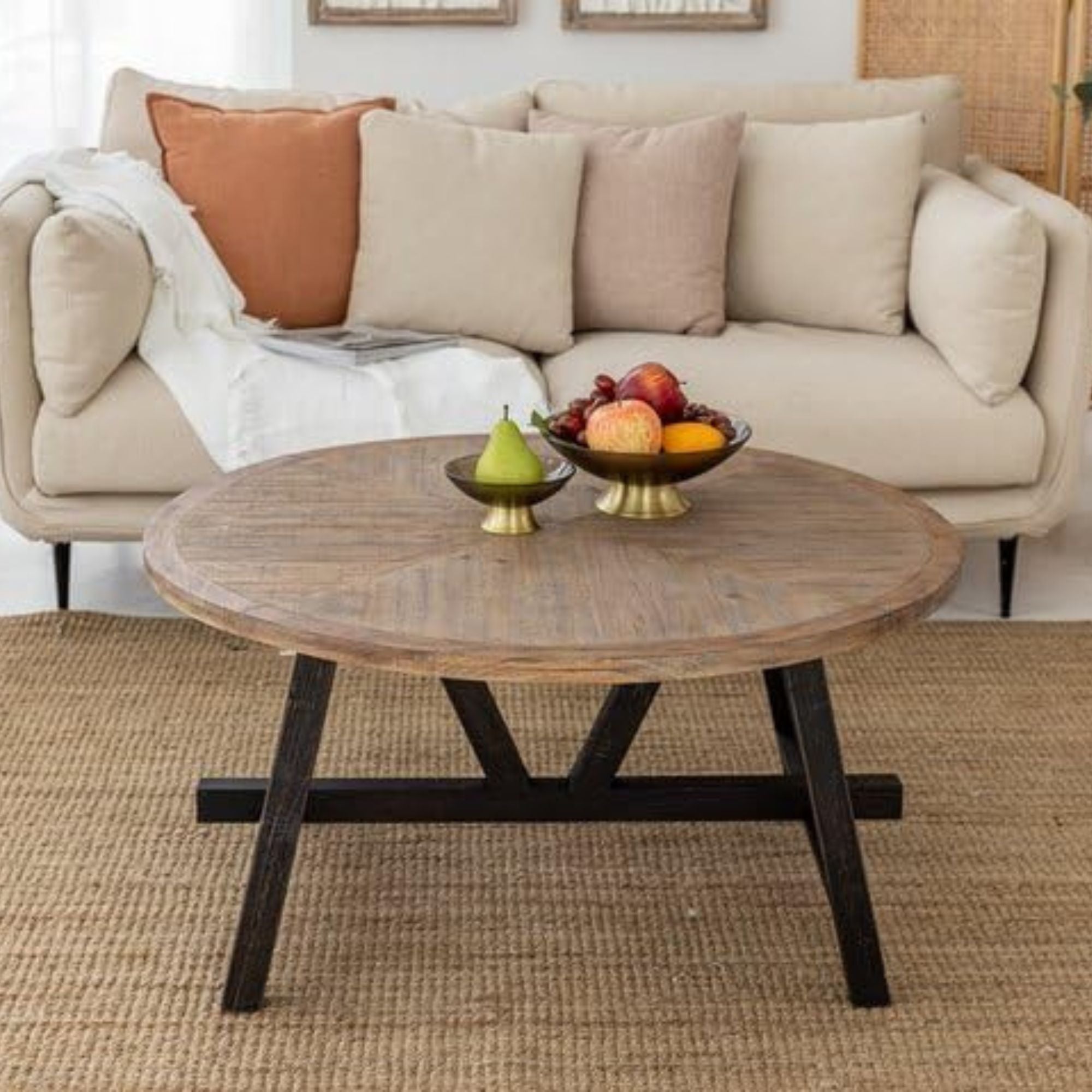 COZAYH Rustic Farmhouse Round Coffee Table with Geometric Base for Living Room - VMInnovations