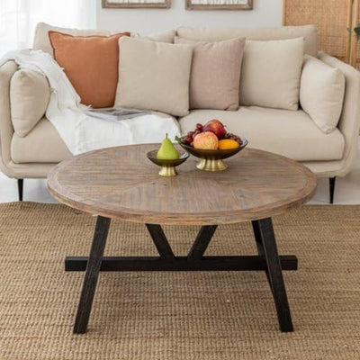 COZAYH Rustic Farmhouse Round Coffee Table with Geometric Base for Living Room - VMInnovations