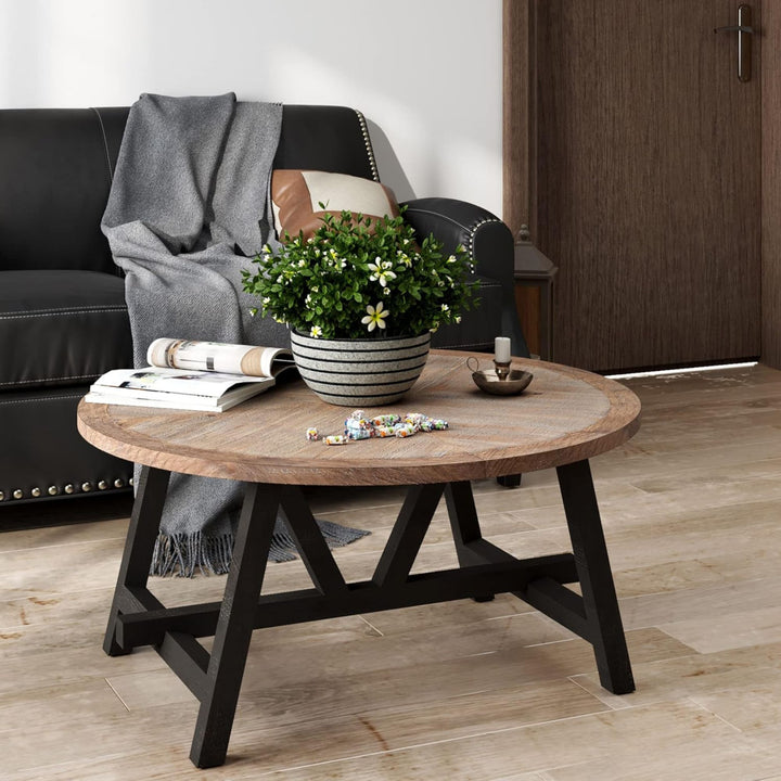 COZAYH Rustic Farmhouse Round Coffee Table with Geometric Base for Living Room